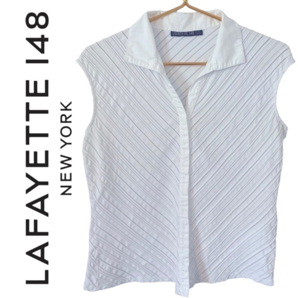 Lafayette 148 New York White & Mesh Full‎ button Up, Deep V Blouse, Size 10